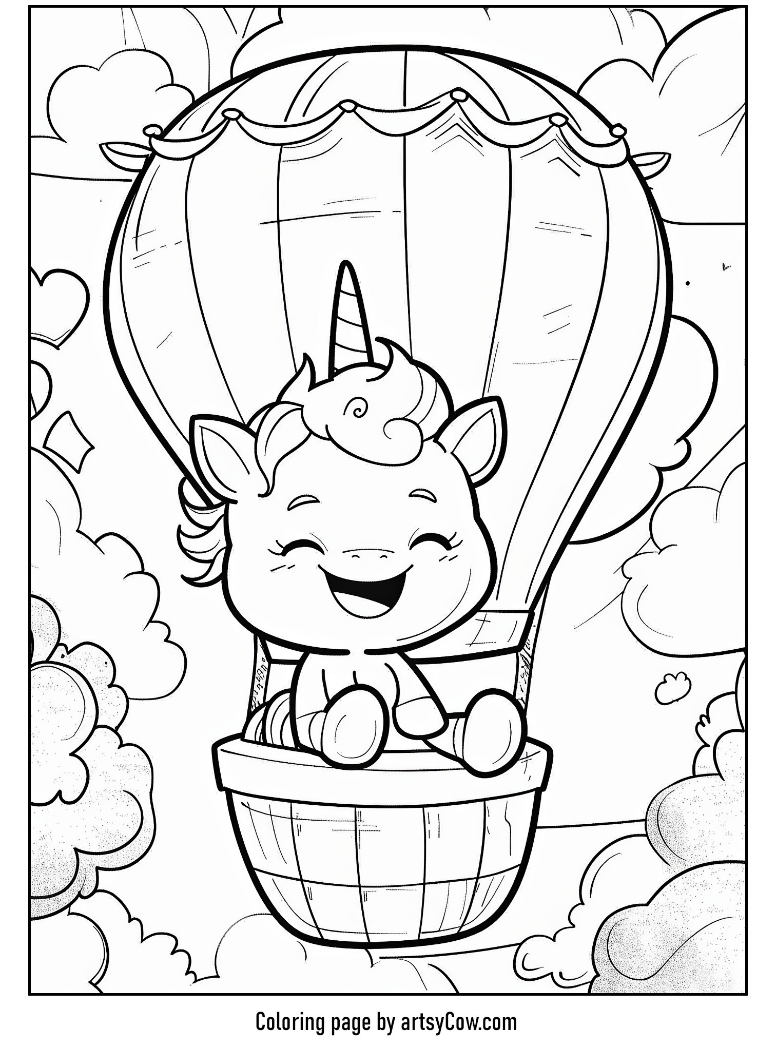 a cheerful unicorn riding in a hot air balloon among the clouds